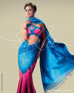 SR-0037 - Blue, Pink Kanchivaram Silk Saree with Zari sprikles