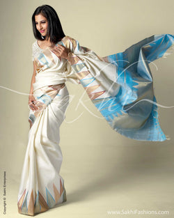SR-0052 Cream & Blue Kanchivaram Silk Saree