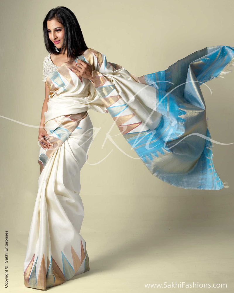 SR-0052 Cream & Blue Kanchivaram Silk Saree