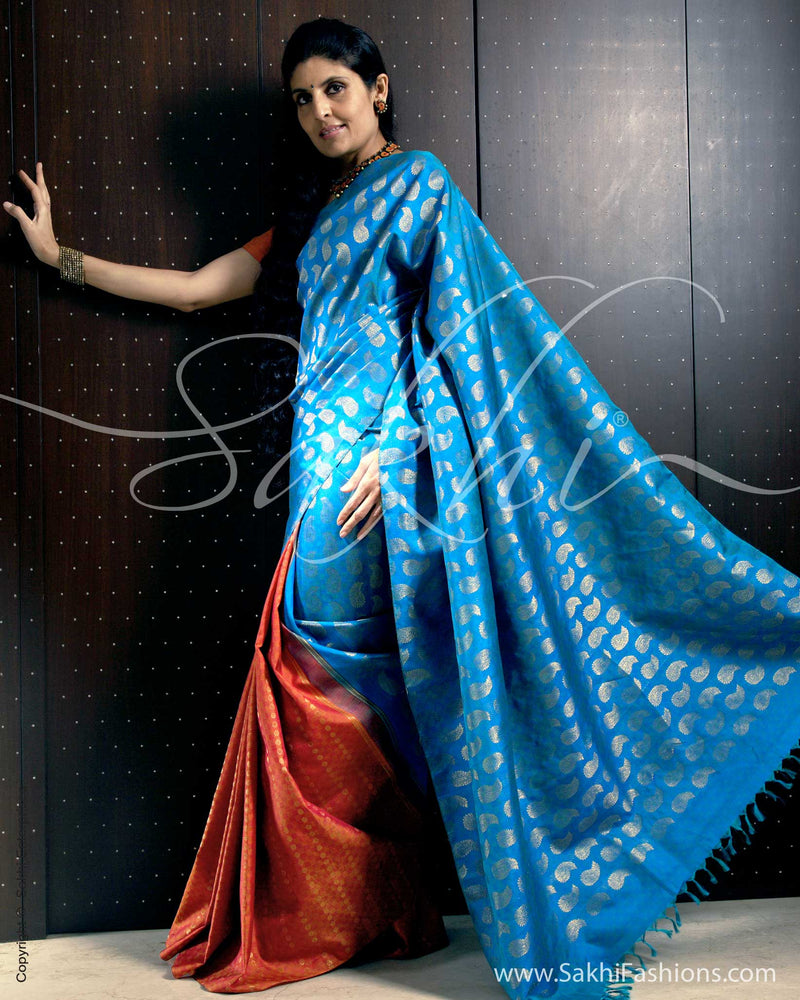 SR-0082 Blue, Burnt Orange Kanchivaram Silk Saree
