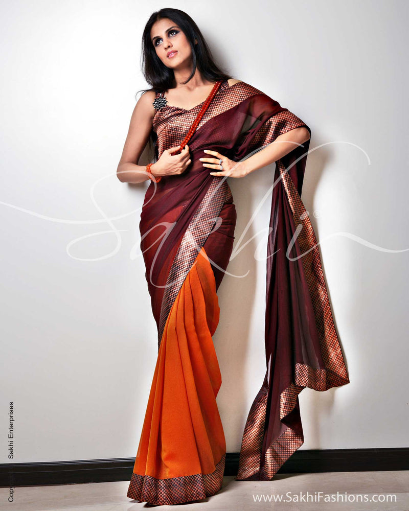 SR-0089 Maroon & Orange Chiffon Saree