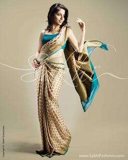 SR-0111 Cream & Blue Georgette Saree