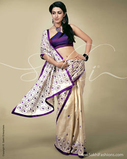 SR-0117 - Beige & Violet Tussar Silk Saree