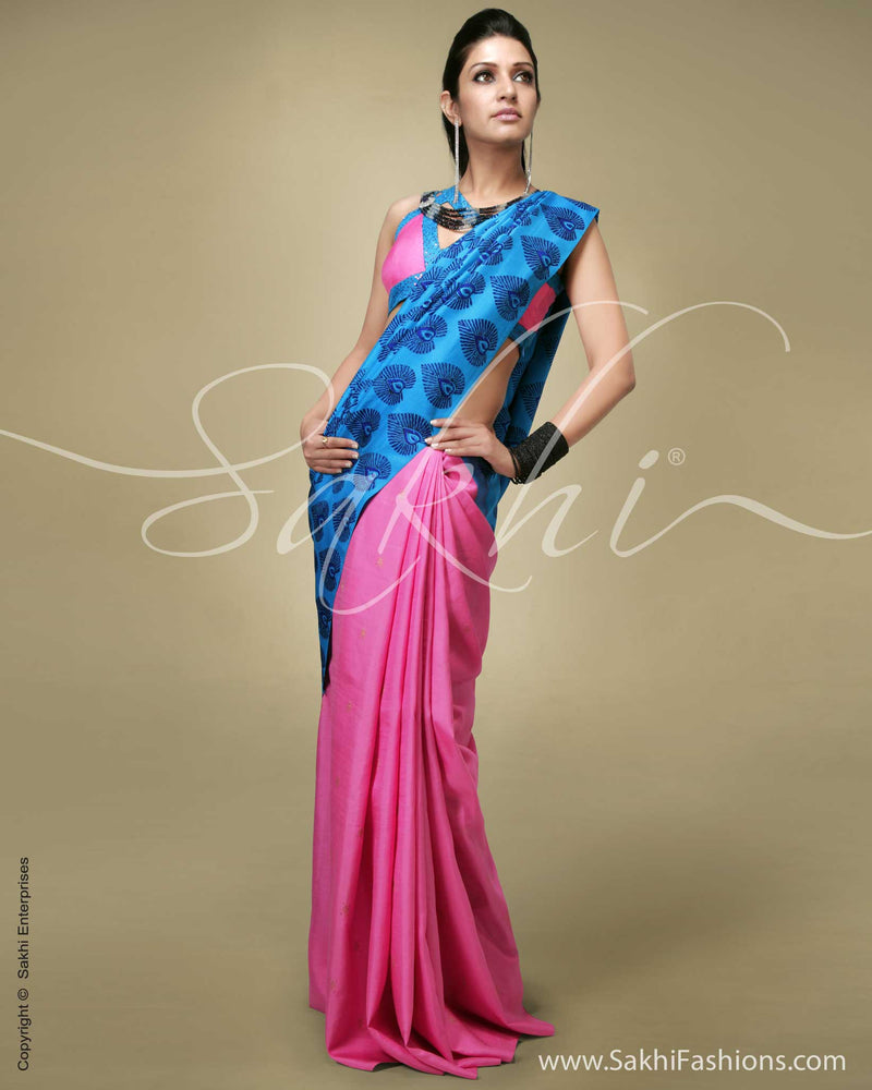 SR-0121 Blue, Pink Half and Half Tussar Silk Saree
