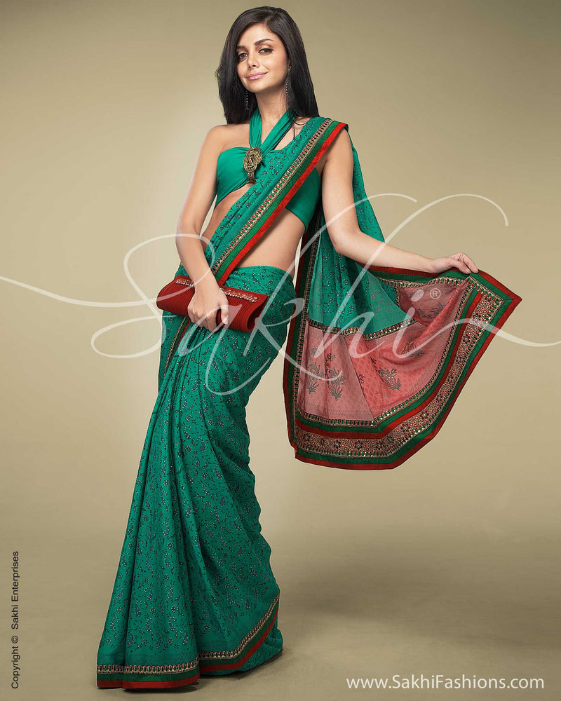 SR-0135 Green & Peach Crepe Saree