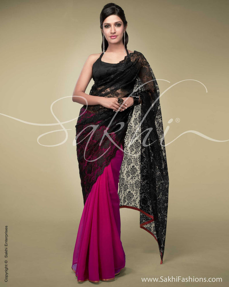 SR-0138 Pink & Black Chiffon Saree