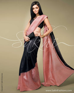 SR-0139 Peach & Black Tussar Silk Saree