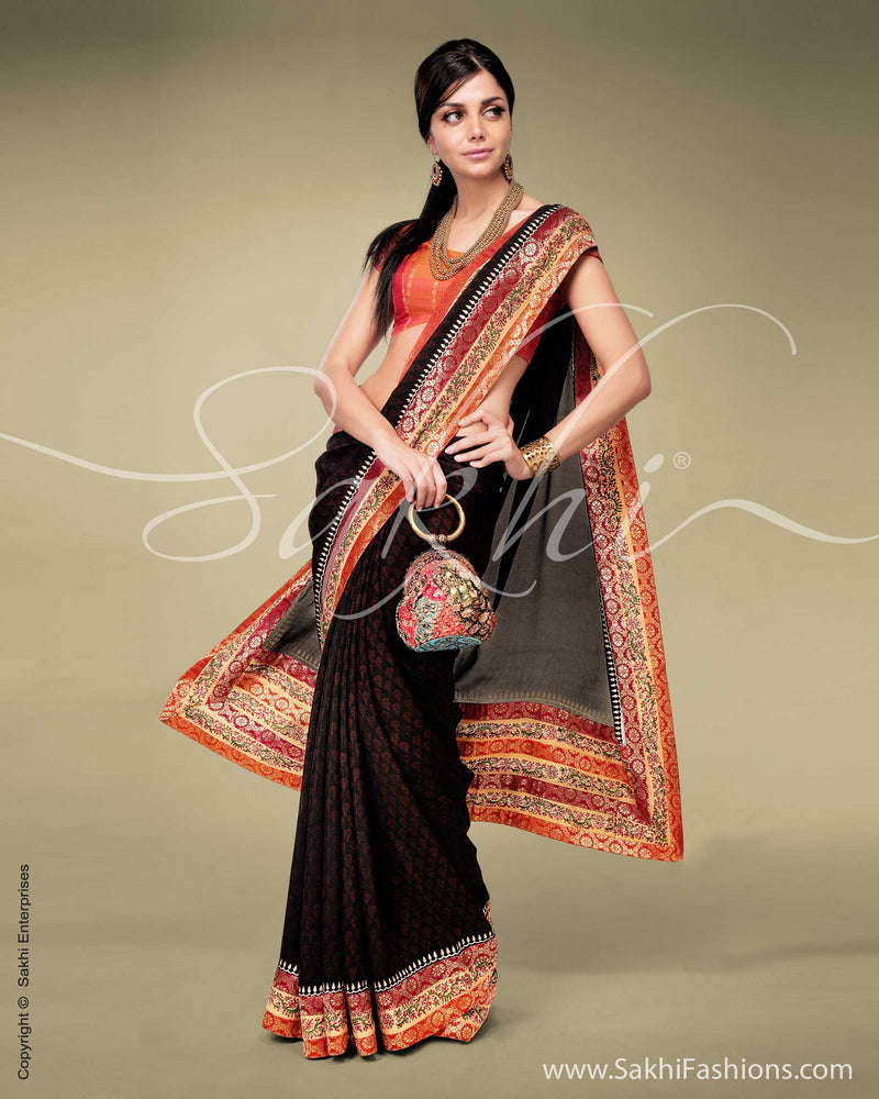 SR-0141 Black & Orange Crepe Saree