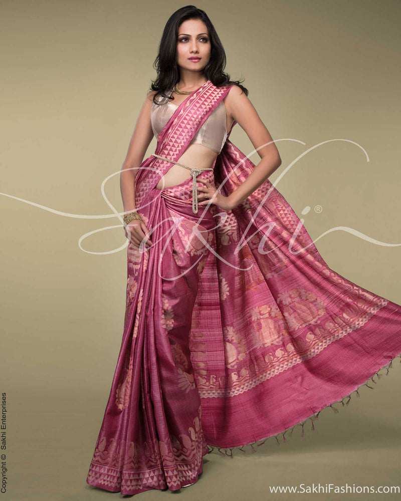 SR-0163 - Pink Tussar Silk Saree with Gold and Silver Zari