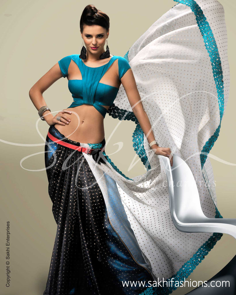 SR-0179 Organza Silk and Benarus net in Black, White & Blue