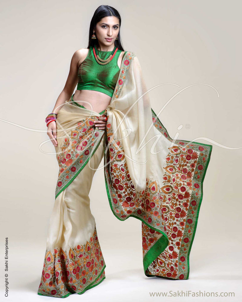SR-0207 Biege & Green Organza Saree