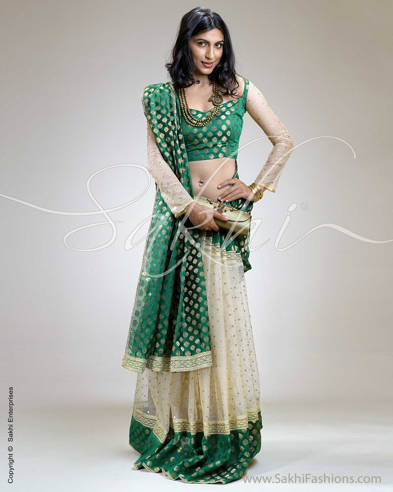 SR-0218 Cream and green Benares 100% Pure Banaras Silk Saree