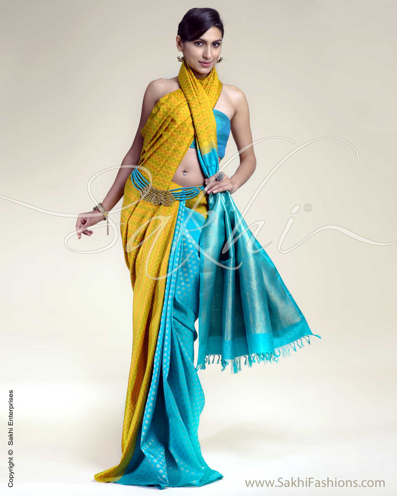 SR-0219 - Mustard and Blue Dual colour 100% Pure Kanchi Silk Saree
