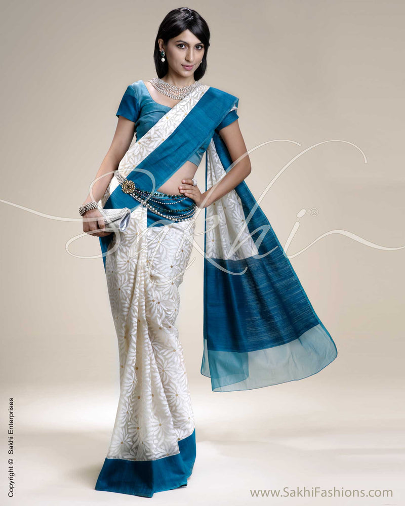 SR-0223 White & Blue Organza Saree