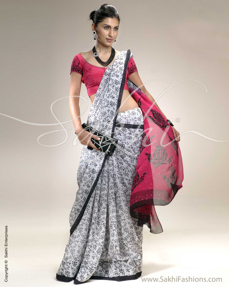 SR-0228 Pink & White Georgette Saree