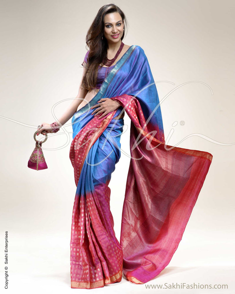 SR-0241 Pink & Blue Tussar Silk Saree