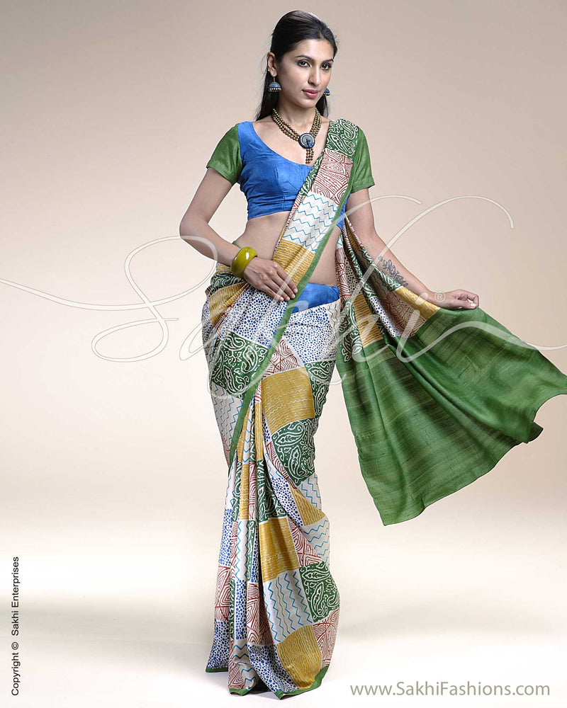 SR-0244 Green & Blue Tussar Silk Saree