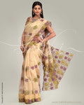SR-0252 Cream and multi colour Organza Silk Saree with cutwork