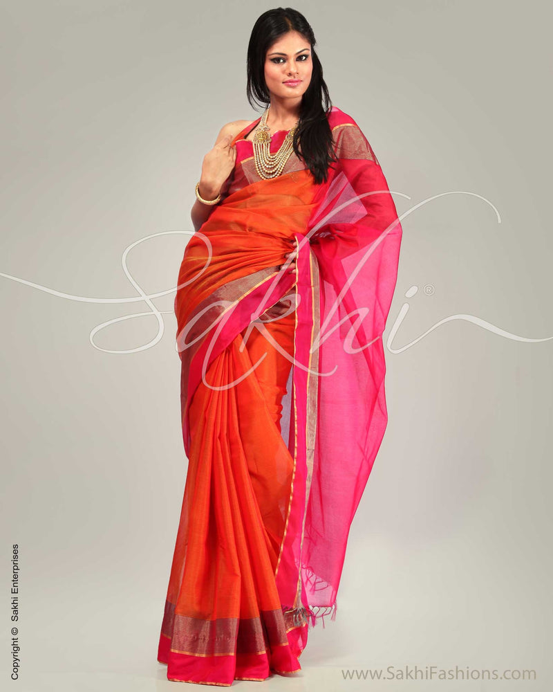SR-0253 Orange & Pink Silk Cotton Saree