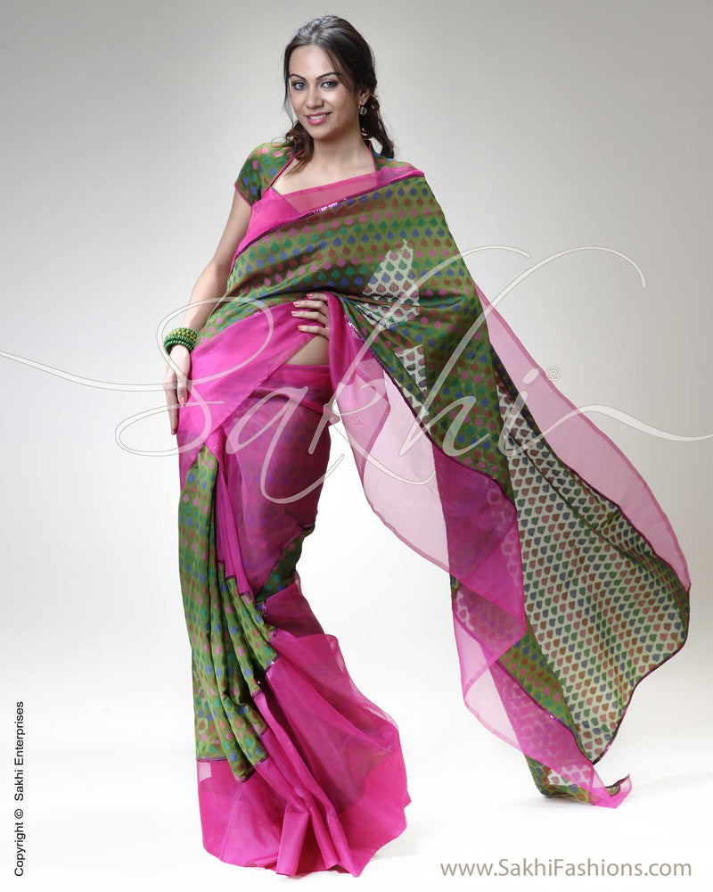 SR-0261 Pink & Green Organza Saree