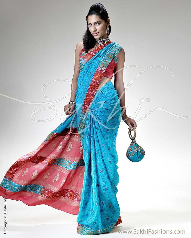 SR-0264 Blue & Pink Crepe Saree
