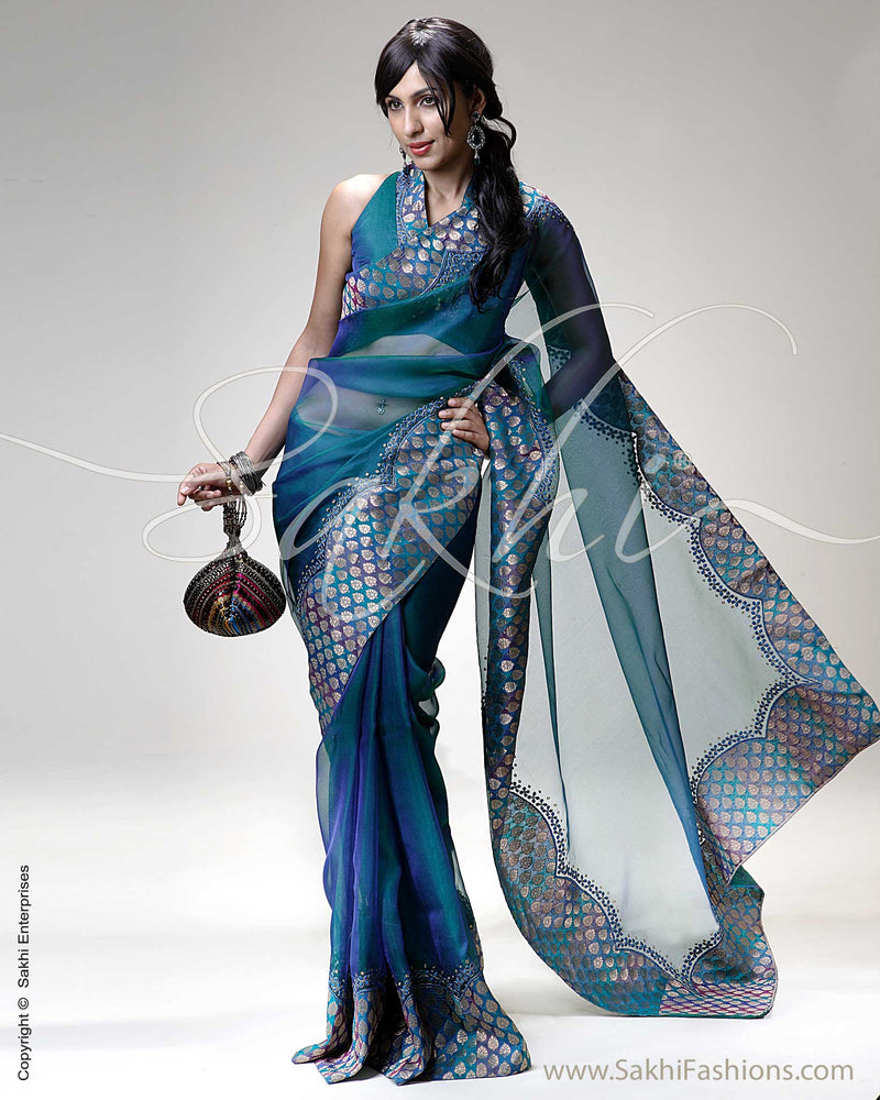 SR-0265 Blue & Multi Colour Organza Saree