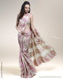 SR-0273 Biege & Pink Tussar Silk Saree