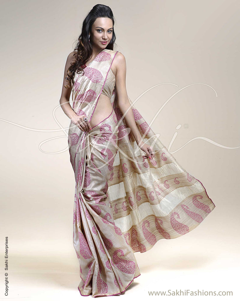 SR-0273 Biege & Pink Tussar Silk Saree