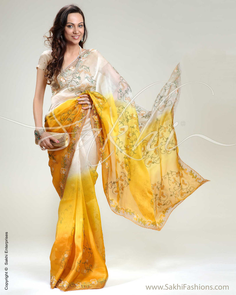 SR-0276 Biege & Yellow Organza Saree