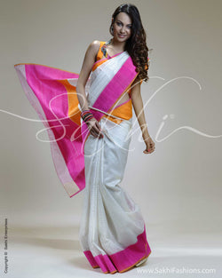 SR-0281 - White & Pink Kora Silk Saree