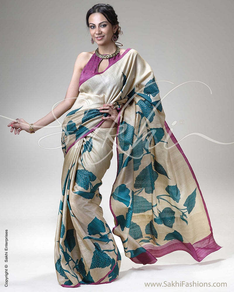 SR-0286 Biege & Blue Tussar Silk Saree