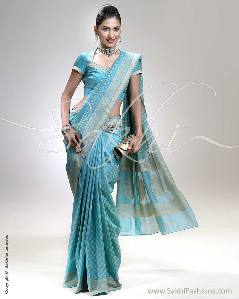 SR-0308 Blue & Biege Silk Cotton Saree