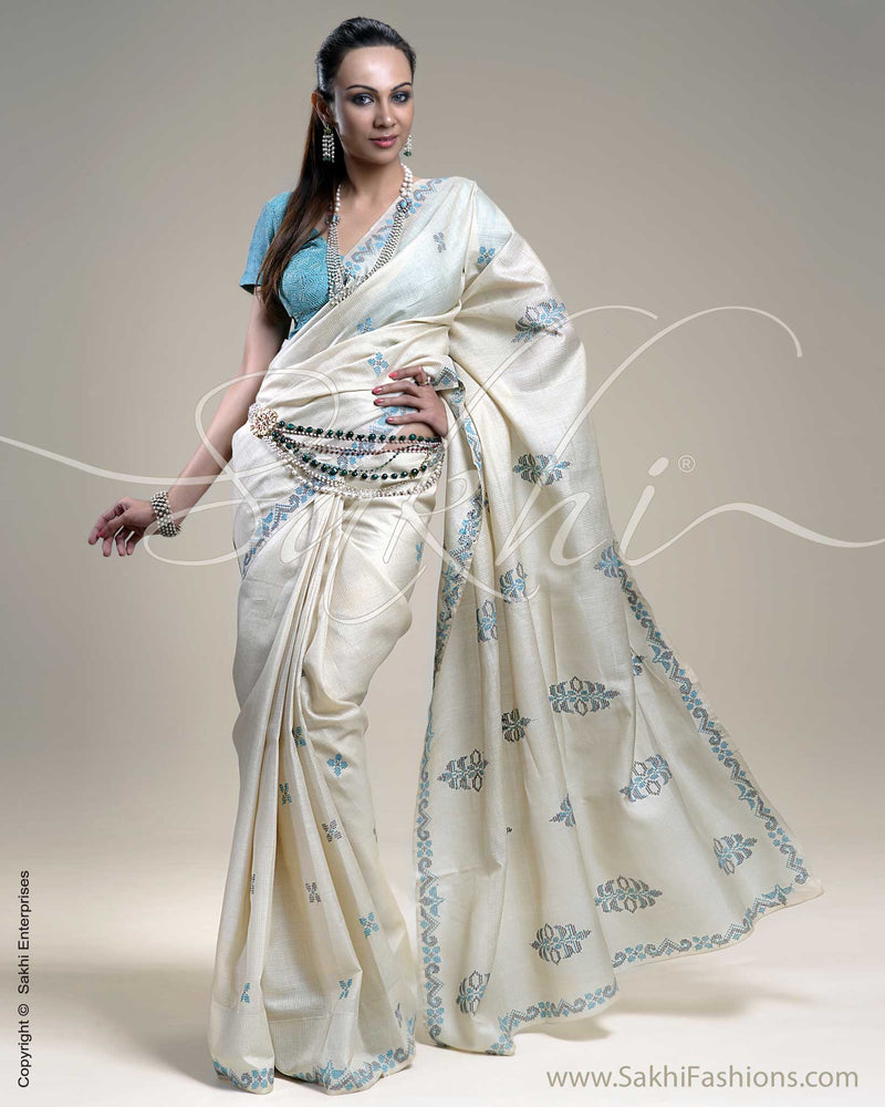 SR-0310 Cream & Blue Tussar Silk Saree