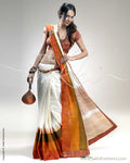 SR-0325 White & Orange Cotton Saree
