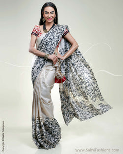 SR-0326 Beige & black Tussar silk saree