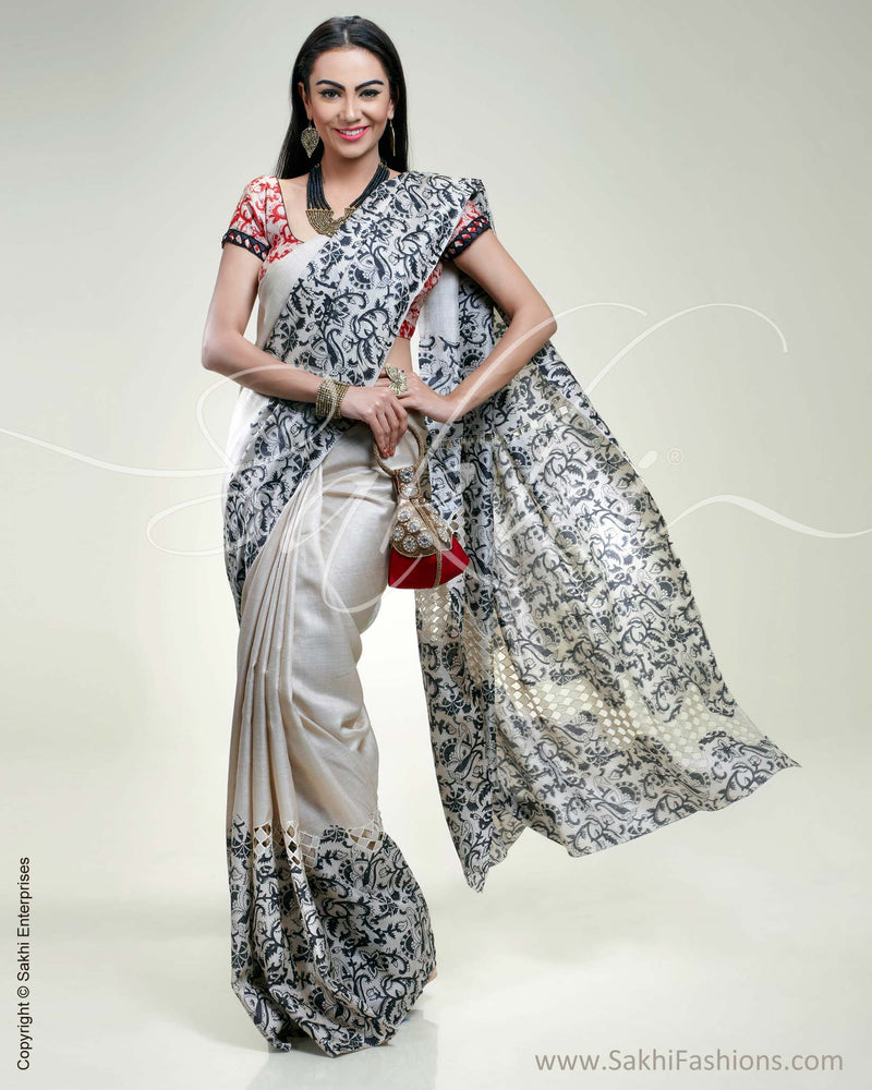 SR-0326 Beige & black Tussar silk saree