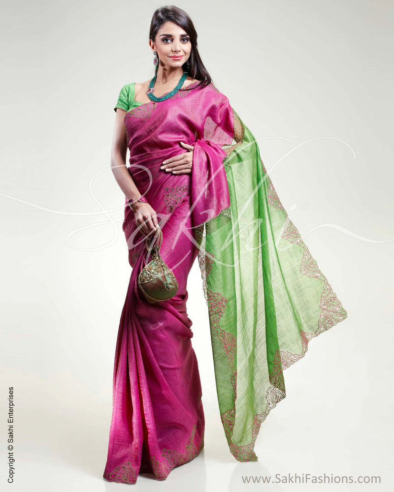SR-0330 Pink & Green Tussar Silk Saree