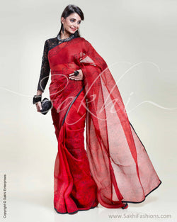 SR-0332 Red & Black Organza Saree