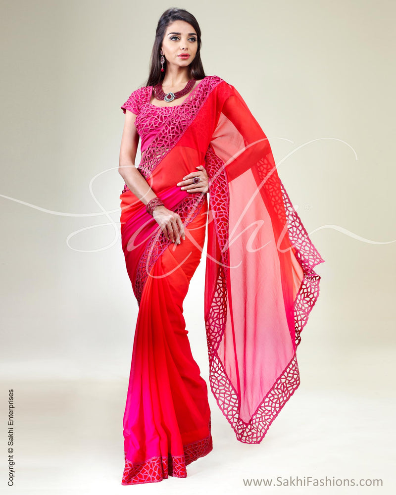 SR-0337 Orange & pink Chiffon silk saree