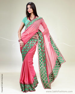 SR-0339 Pink & Green Chiffon Silk Saree