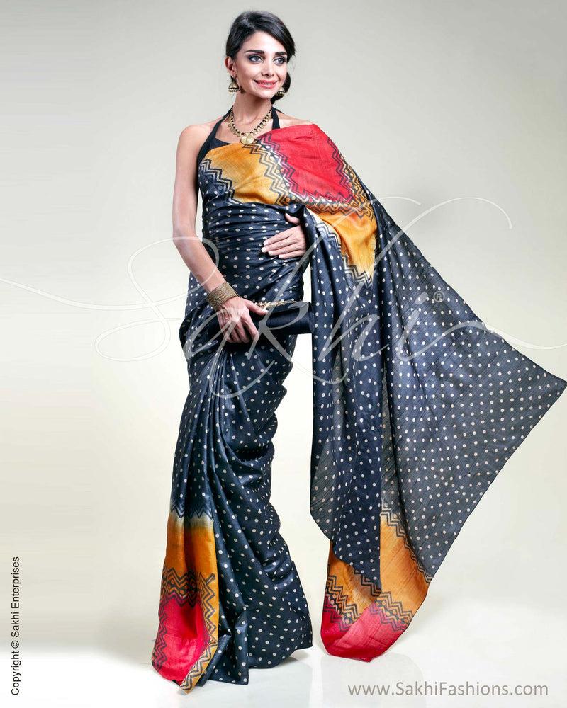 SR-0348 Black & White Tussar Silk Saree