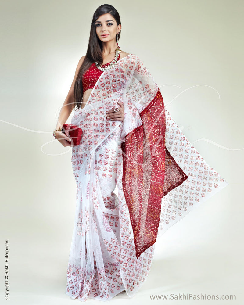 SR-0349 White & Red Kota Cotton Saree