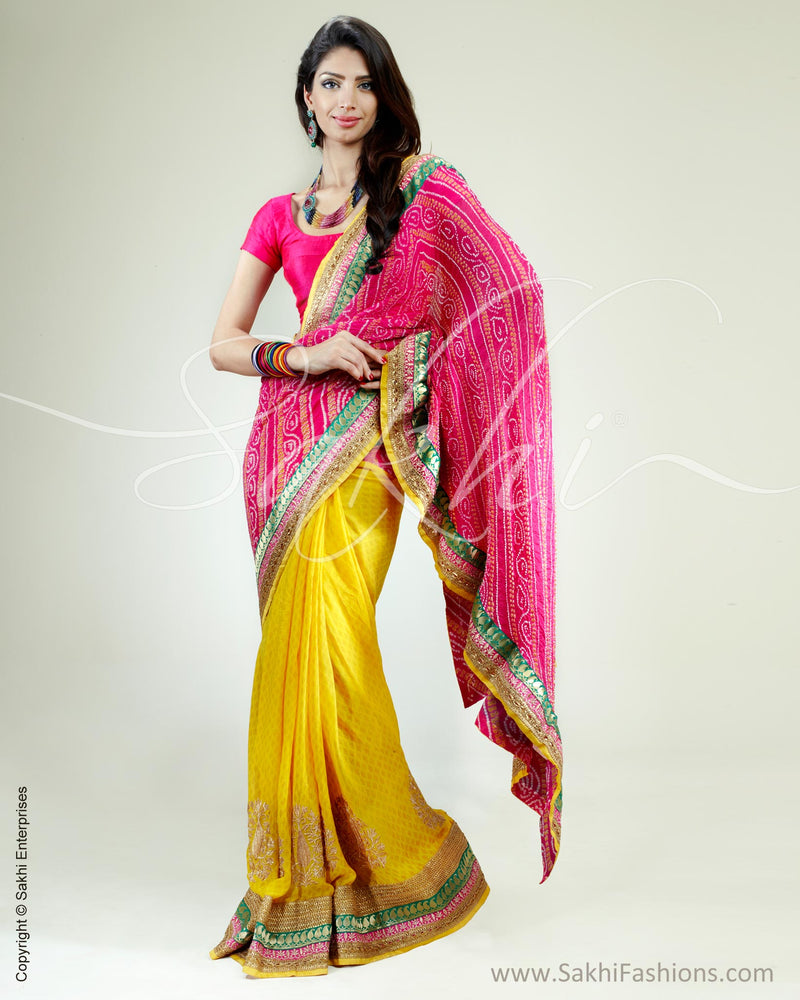 SR-0354 Yellow & Pink Crepe Silk Saree