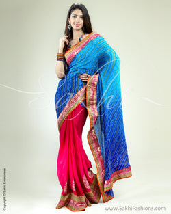 SR-0355 Pink & Blue Crepe Silk Saree