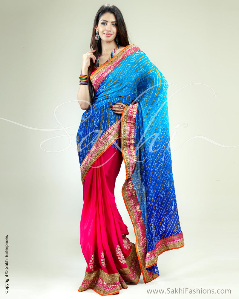 SR-0355 Pink & Blue Crepe Silk Saree