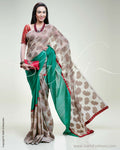 SR-0372 Green Tussar and muted Kora with red Banarsi saree