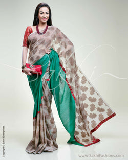 SR-0372 Green Tussar and muted Kora with red Banarsi saree