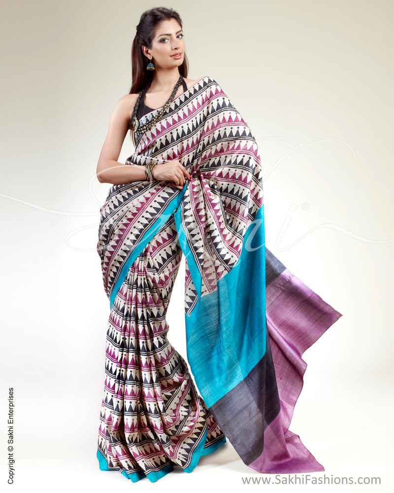 SR-0352 Beige & Black Tussar Silk Saree