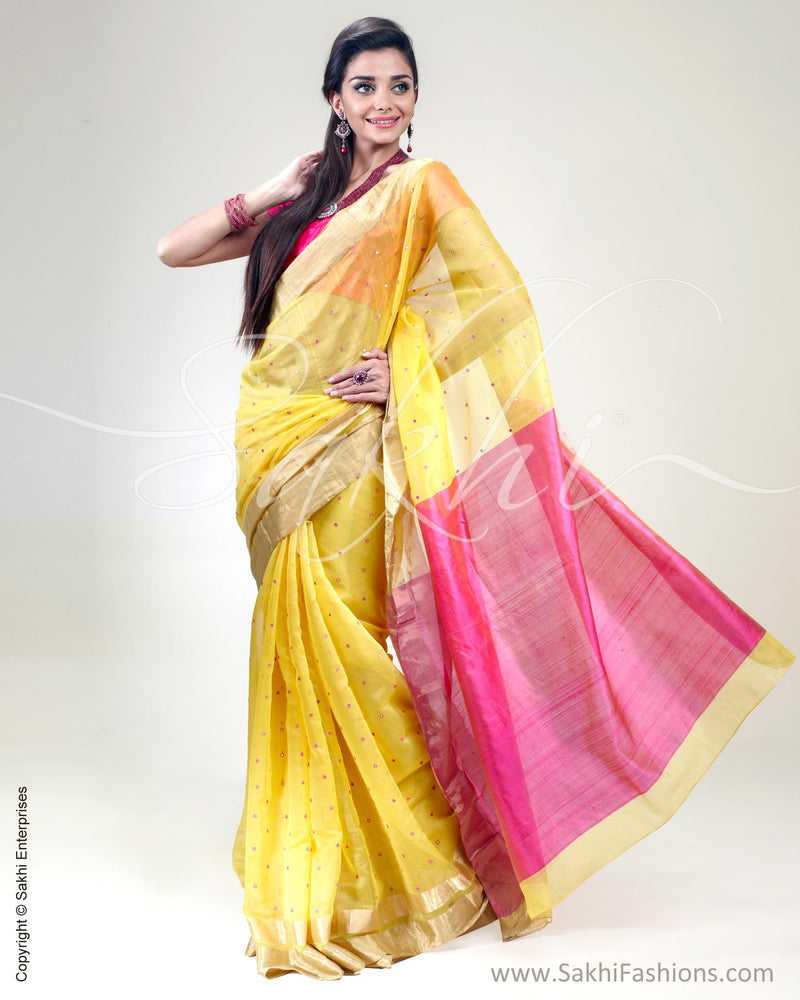 SR-0385 Yellow & Pink Cotton Saree