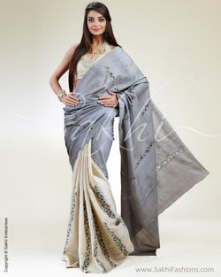 SR-0398 Cream & Grey Tussar Silk Saree